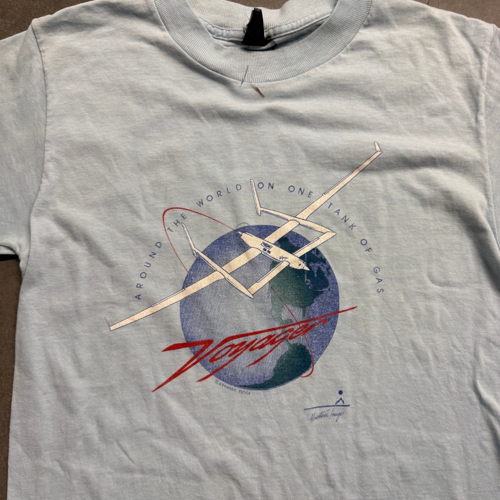 Vintage 80s Rutan Voyager Aircraft T-Shirt Single Stitch Aviation Blue S